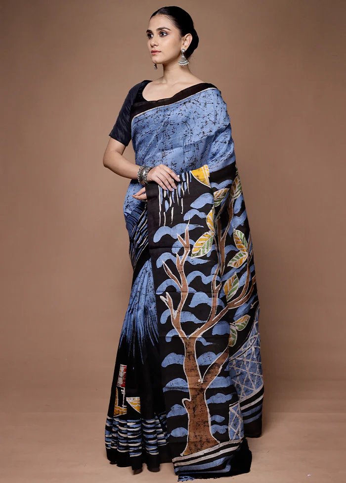 Blue Printed Pure Silk Saree Without Blouse Piece - Image 4