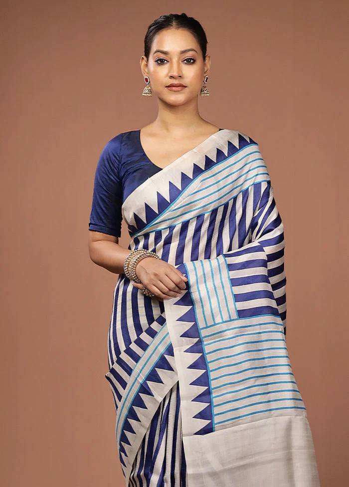 Blue Printed Pure Silk Saree Without Blouse Piece
