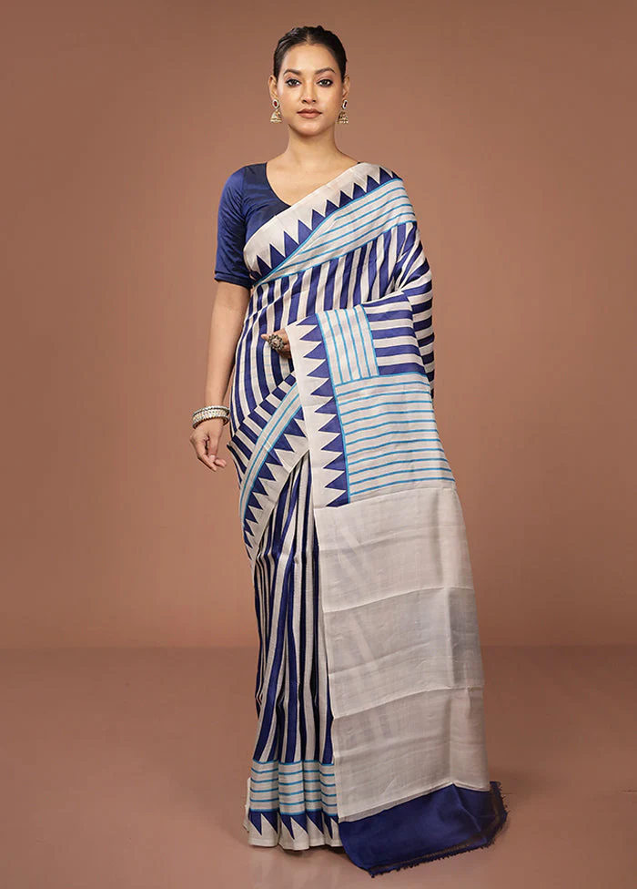 Blue Printed Pure Silk Saree Without Blouse Piece - Image 2
