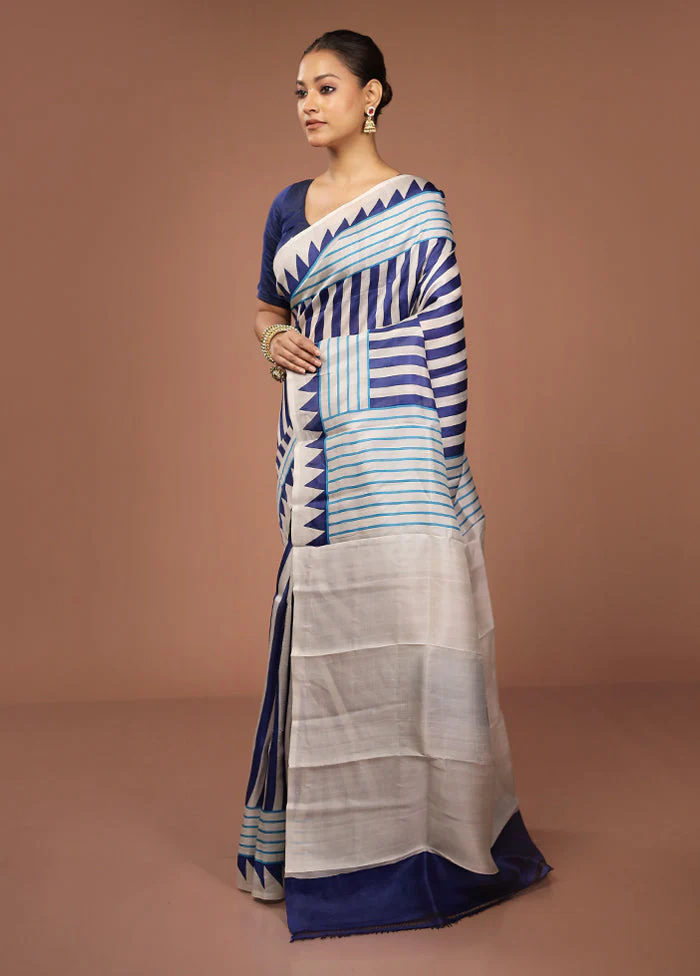 Blue Printed Pure Silk Saree Without Blouse Piece - Image 4