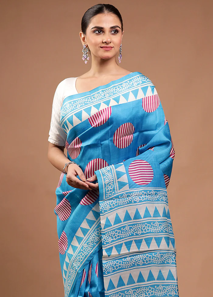 Blue Printed Pure Silk Saree Without Blouse Piece - Image 2