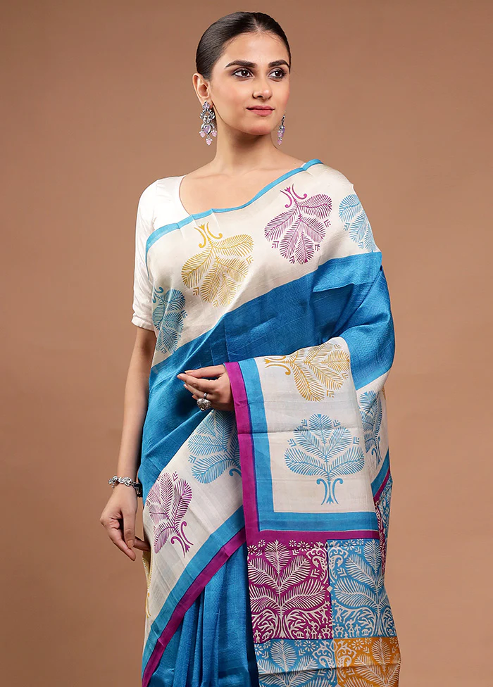 Blue Printed Pure Silk Saree Without Blouse Piece - Image 2