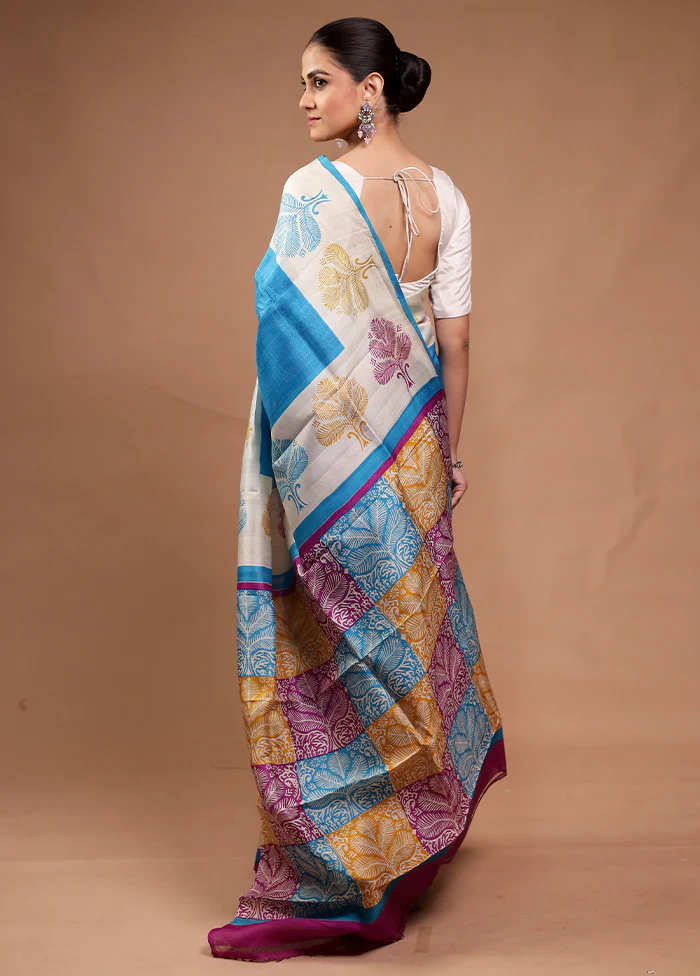 Blue Printed Pure Silk Saree Without Blouse Piece - Image 3
