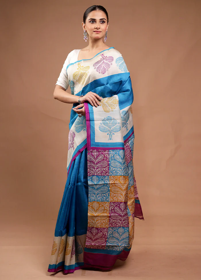 Blue Printed Pure Silk Saree Without Blouse Piece - Image 4