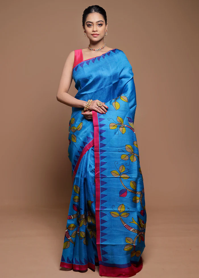 Blue Printed Pure Silk Saree Without Blouse Piece