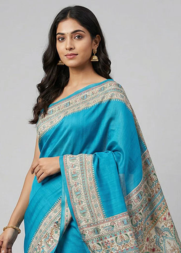 Blue Printed Silk Saree Without Blouse Piece - Image 2