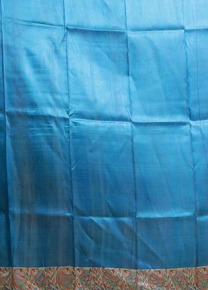 Blue Printed Pure Silk Saree Without Blouse Piece - Image 5