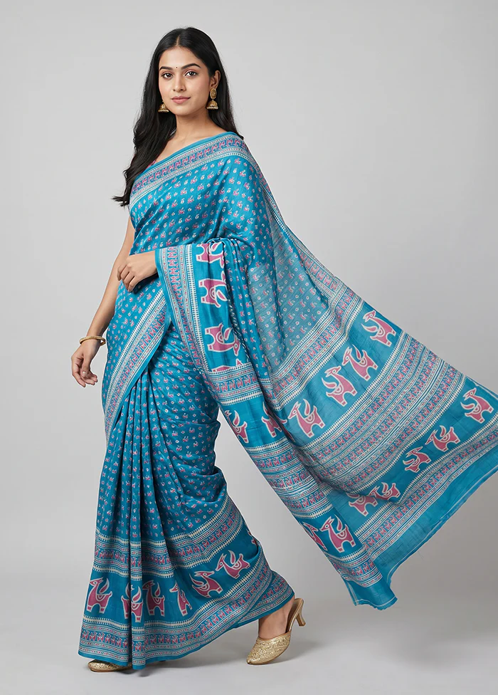 Blue Printed Silk Saree Without Blouse Piece