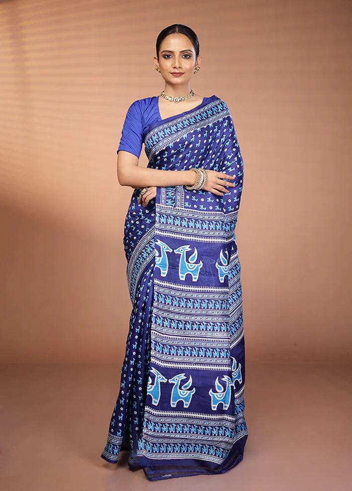 Blue Printed Silk Saree Without Blouse Piece - Image 2