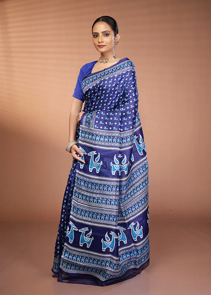 Blue Printed Silk Saree Without Blouse Piece - Image 4