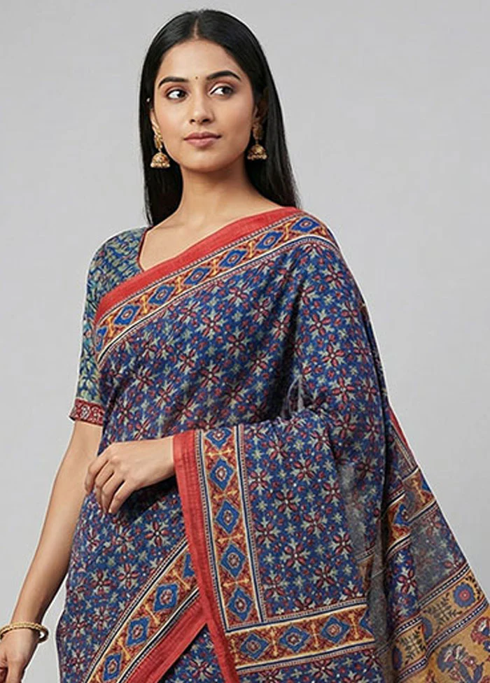 Blue Printed Pure Silk Saree Without Blouse Piece - Image 2