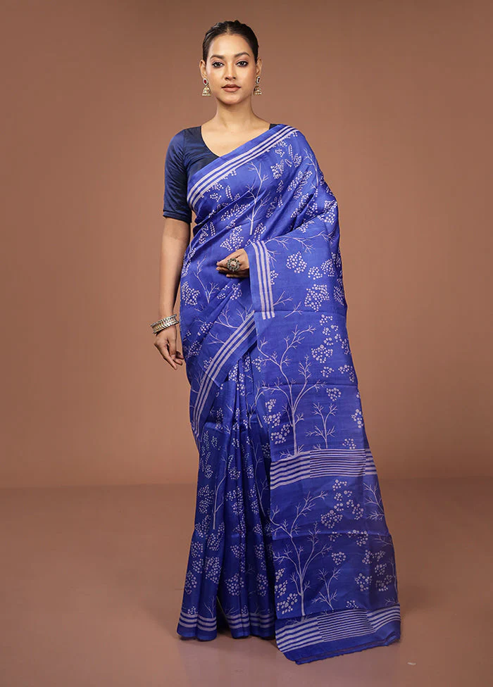 Blue Printed Pure Silk Saree Without Blouse Piece - Image 2