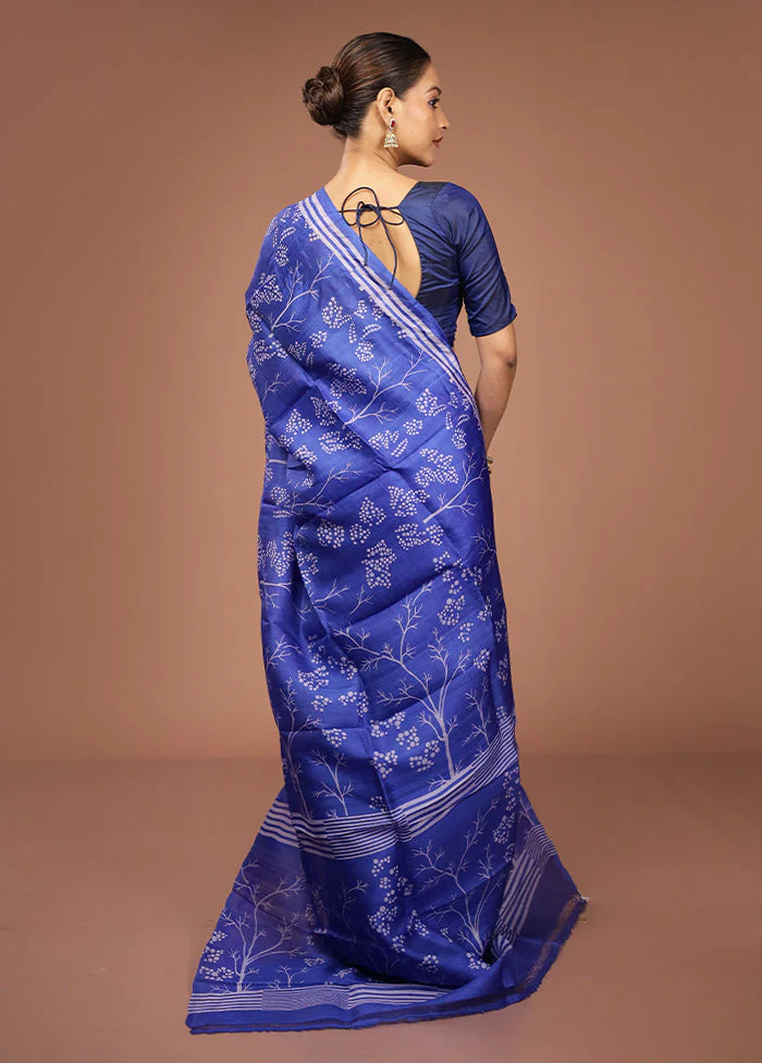 Blue Printed Pure Silk Saree Without Blouse Piece - Image 3