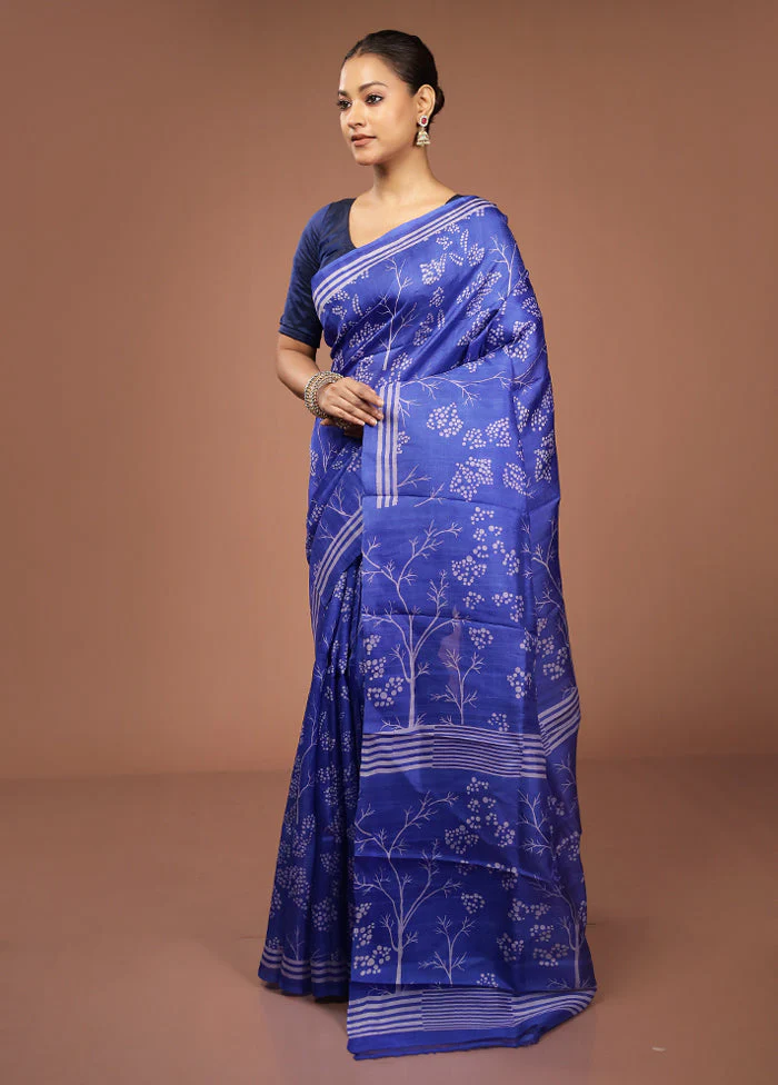 Blue Printed Pure Silk Saree Without Blouse Piece - Image 4