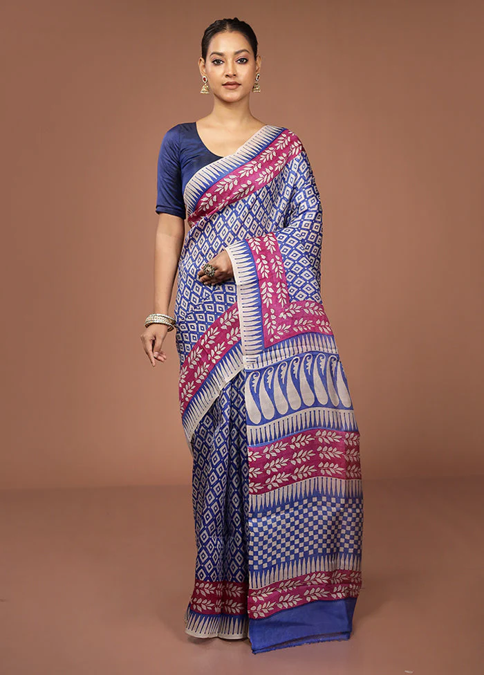 Blue Printed Pure Silk Saree Without Blouse Piece - Image 2