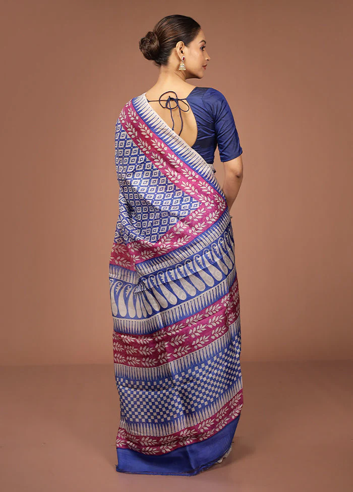 Blue Printed Pure Silk Saree Without Blouse Piece - Image 3