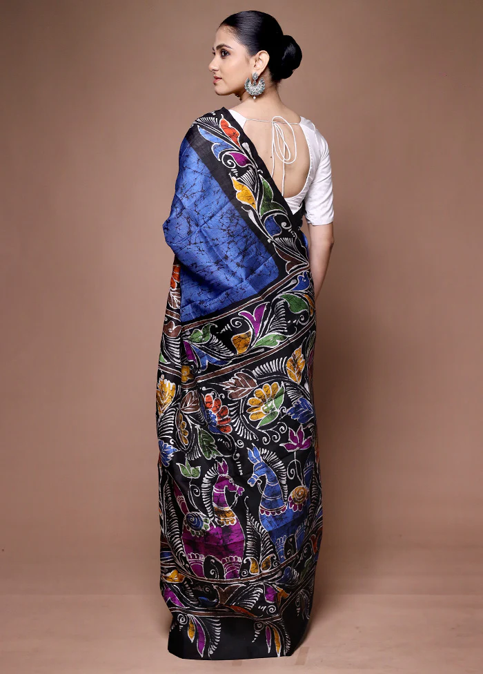 Blue Printed Pure Silk Saree Without Blouse Piece - Image 3