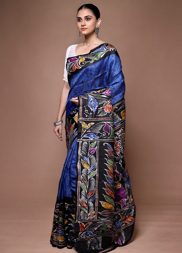 Blue Printed Pure Silk Saree Without Blouse Piece - Image 4
