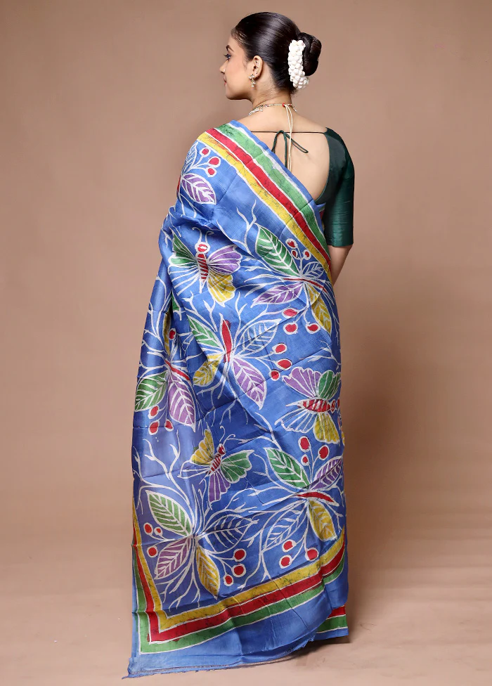 Blue Printed Pure Silk Saree Without Blouse Piece - Image 3