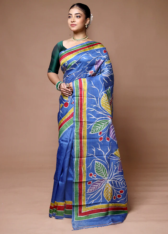 Blue Printed Pure Silk Saree Without Blouse Piece - Image 4