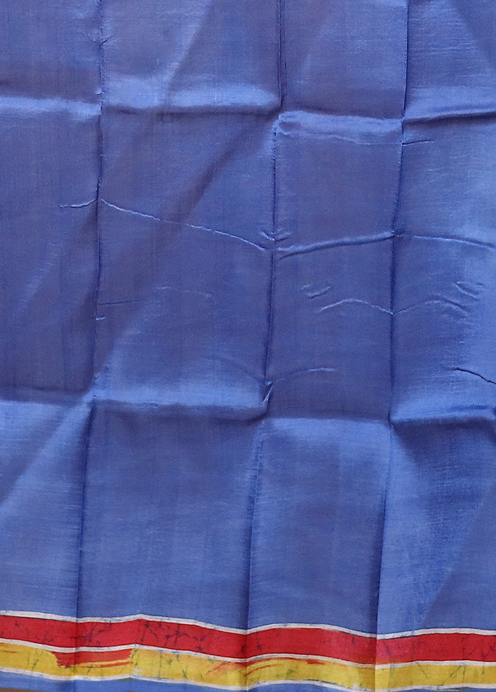 Blue Printed Pure Silk Saree Without Blouse Piece - Image 5