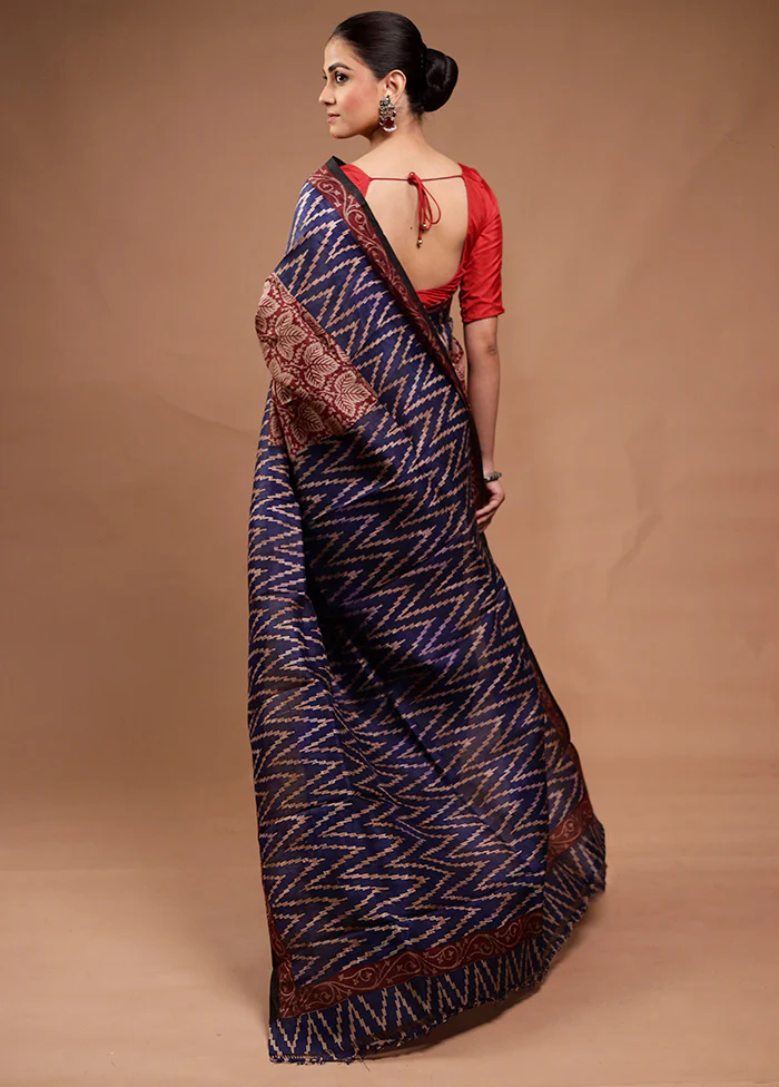 Blue Printed Silk Saree Without Blouse Piece - Image 3