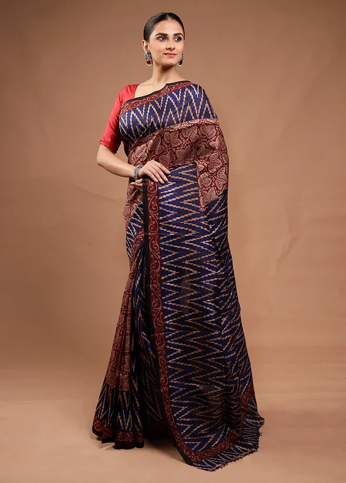 Blue Printed Silk Saree Without Blouse Piece - Image 4