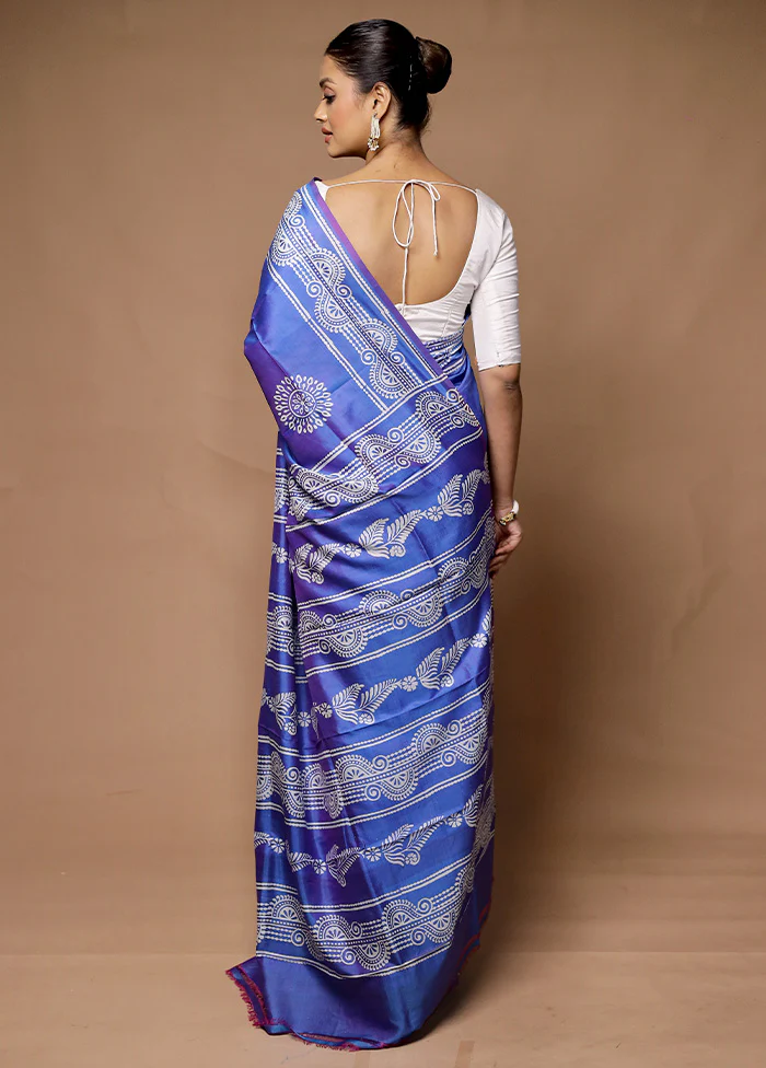 Blue Printed Pure Silk Saree Without Blouse Piece - Image 3