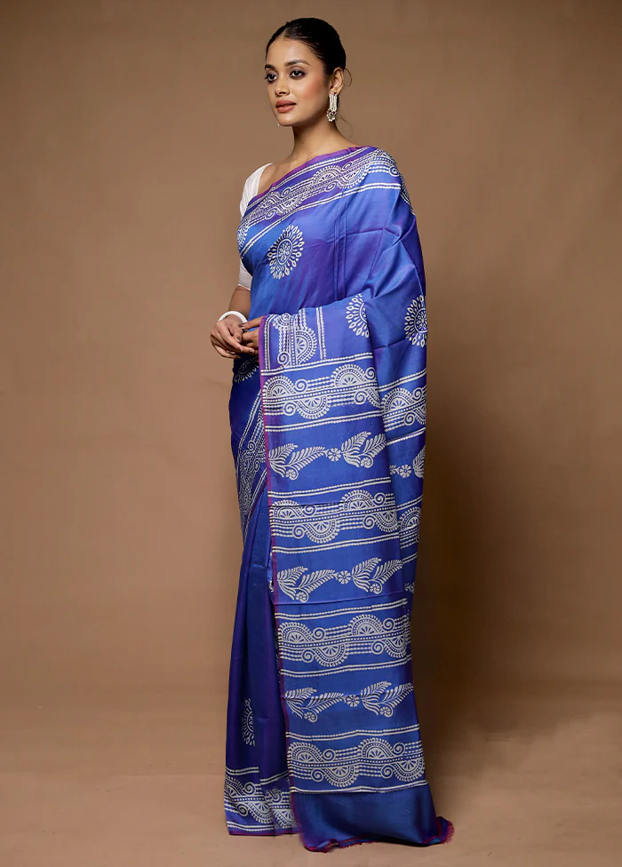 Blue Printed Pure Silk Saree Without Blouse Piece - Image 4