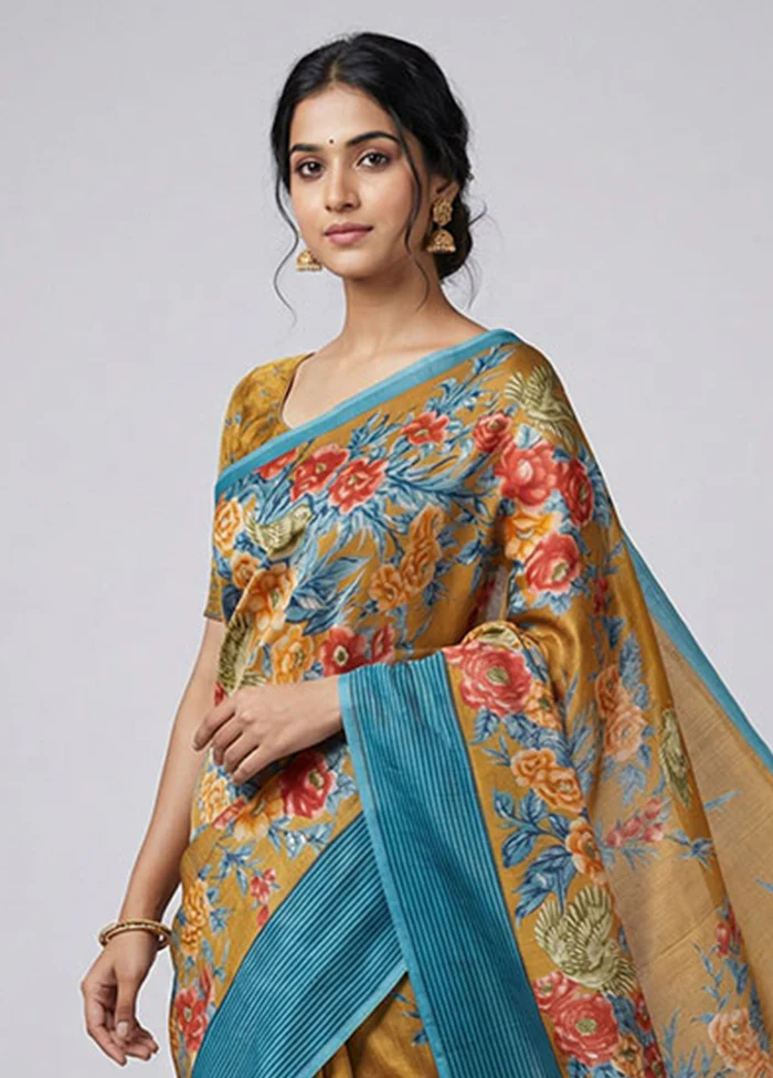 Blue Printed Silk Saree Without Blouse Piece - Image 2