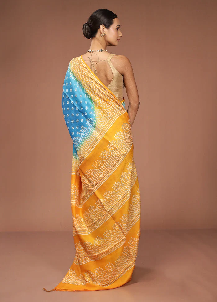 Blue Printed Silk Saree Without Blouse Piece - Image 3