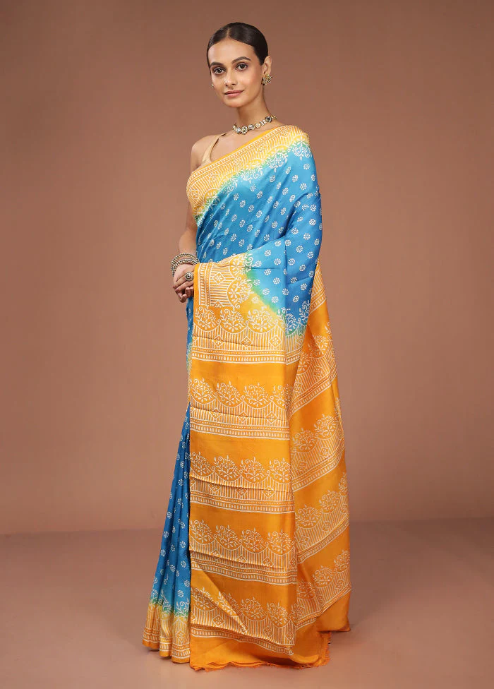 Blue Printed Silk Saree Without Blouse Piece - Image 4
