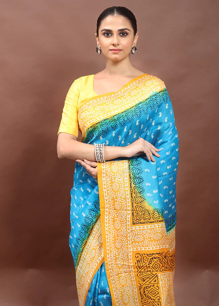 Blue Printed Silk Saree Without Blouse Piece - Image 2