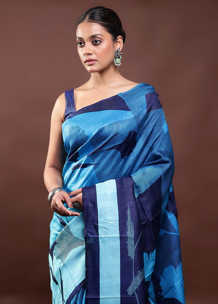 Blue Printed Pure Silk Saree Without Blouse Piece - Image 2
