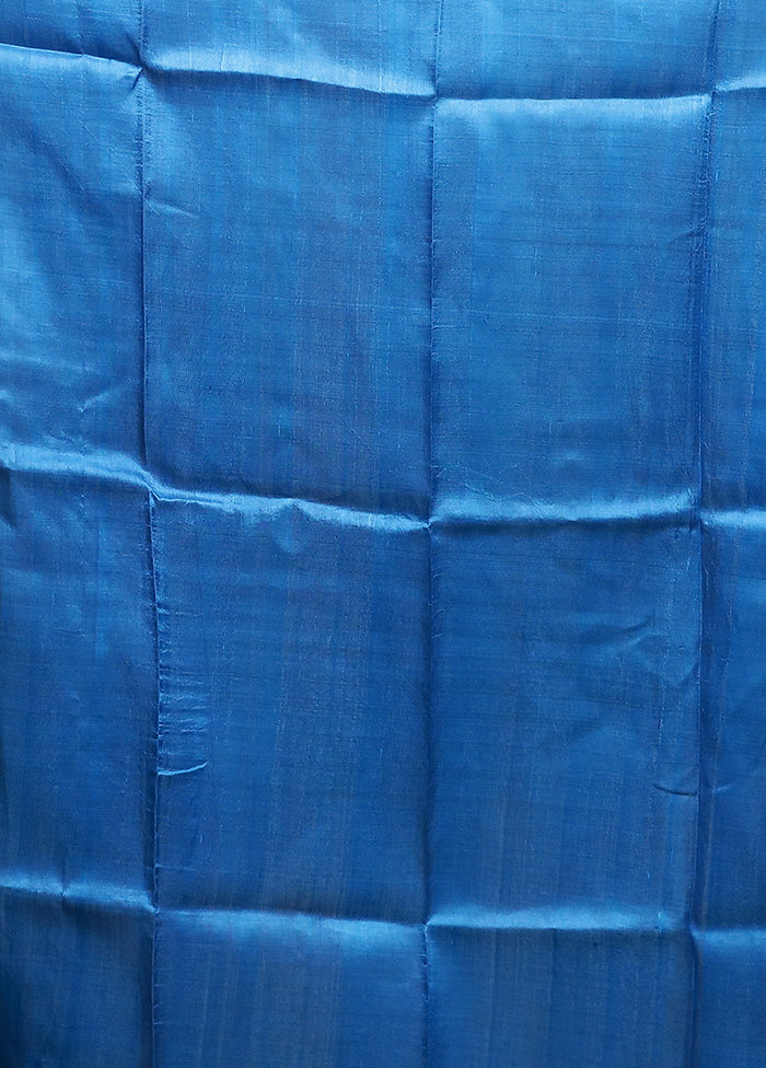 Blue Printed Pure Silk Saree Without Blouse Piece - Image 5