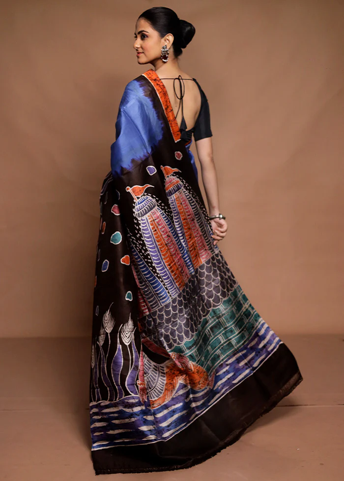 Blue Printed Silk Saree Without Blouse Piece - Image 3