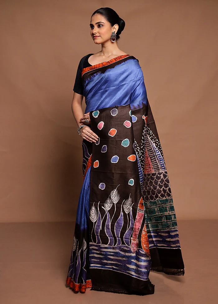Blue Printed Silk Saree Without Blouse Piece - Image 4