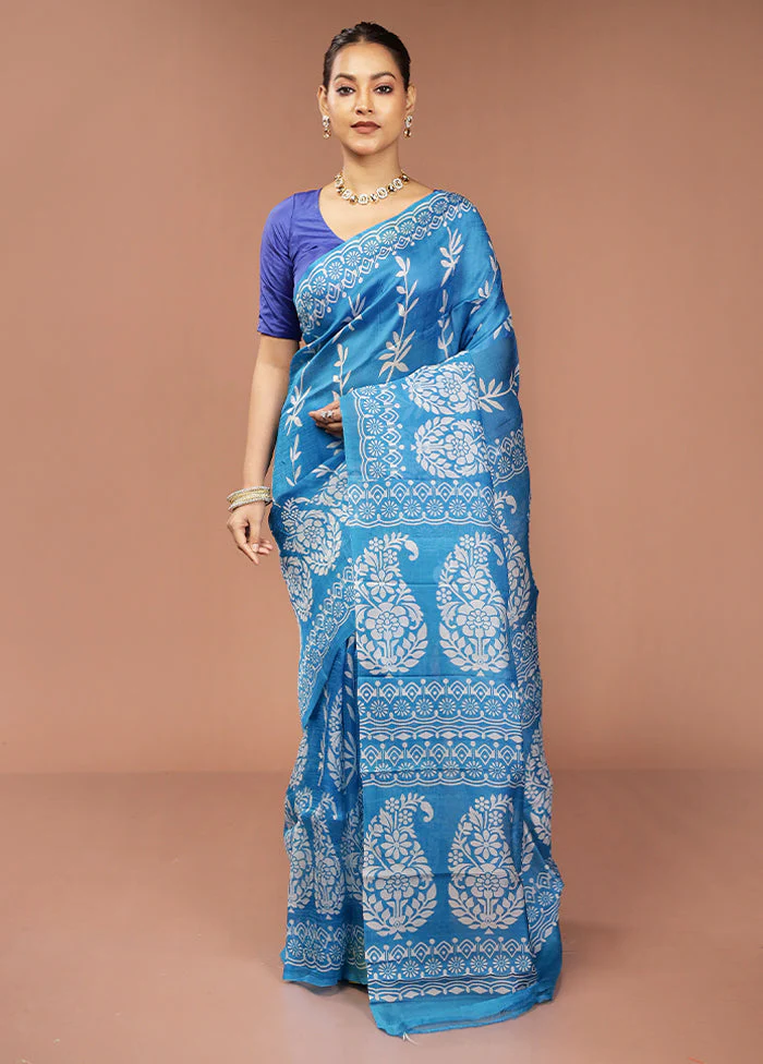 Blue Printed Pure Silk Saree Without Blouse Piece - Image 2