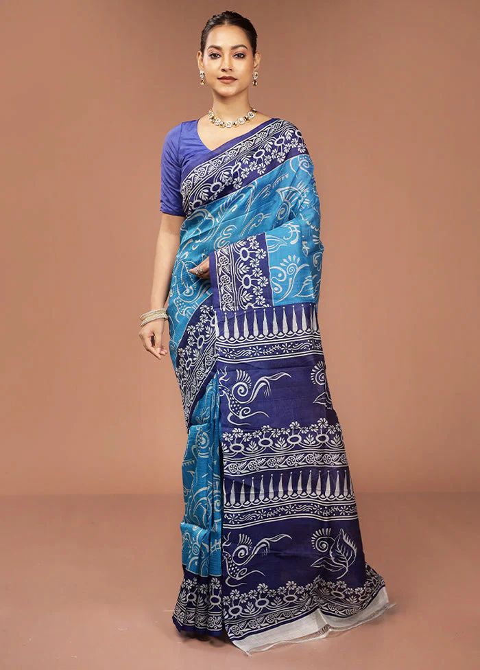 Blue Printed Silk Saree Without Blouse Piece - Image 2
