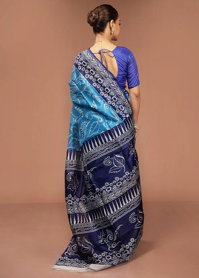 Blue Printed Silk Saree Without Blouse Piece - Image 3