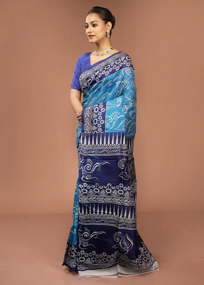 Blue Printed Silk Saree Without Blouse Piece - Image 4