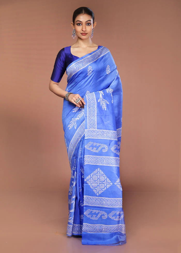 Blue Printed Pure Silk Saree Without Blouse Piece - Image 2