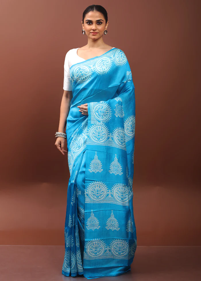 Blue Printed Pure Silk Saree Without Blouse Piece