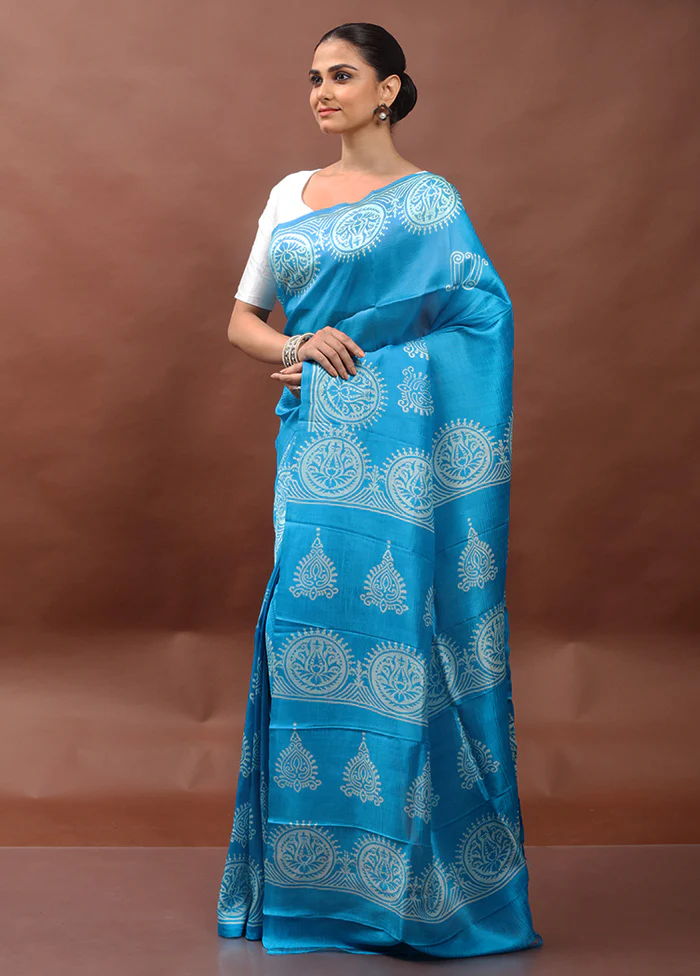 Blue Printed Pure Silk Saree Without Blouse Piece - Image 2
