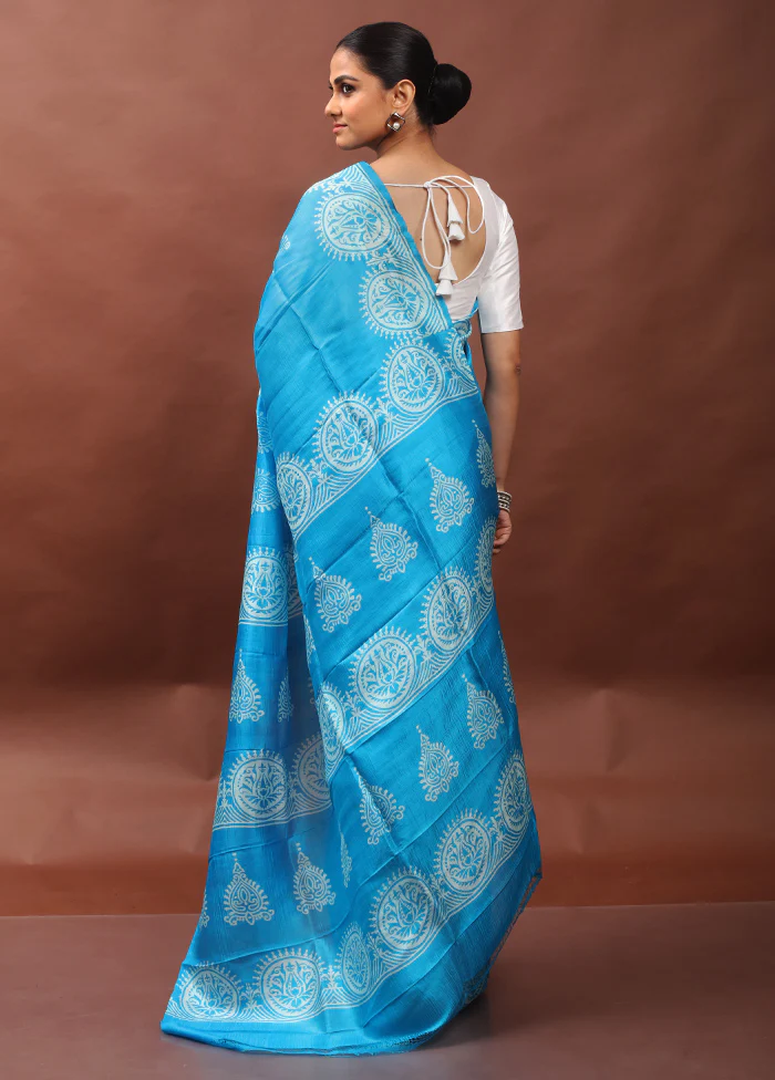 Blue Printed Pure Silk Saree Without Blouse Piece - Image 3