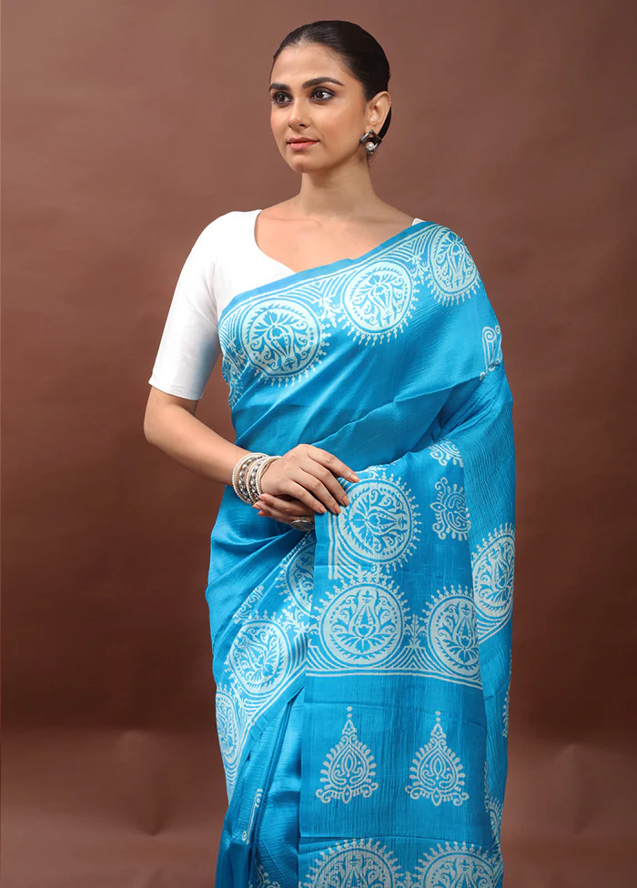Blue Printed Pure Silk Saree Without Blouse Piece - Image 4