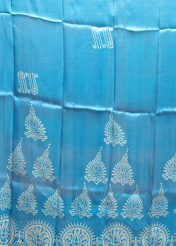 Blue Printed Pure Silk Saree Without Blouse Piece - Image 5