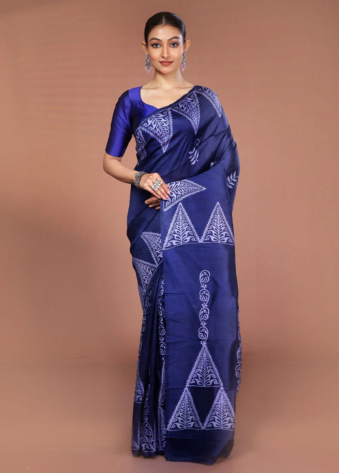 Blue Printed Pure Silk Saree Without Blouse Piece - Image 2