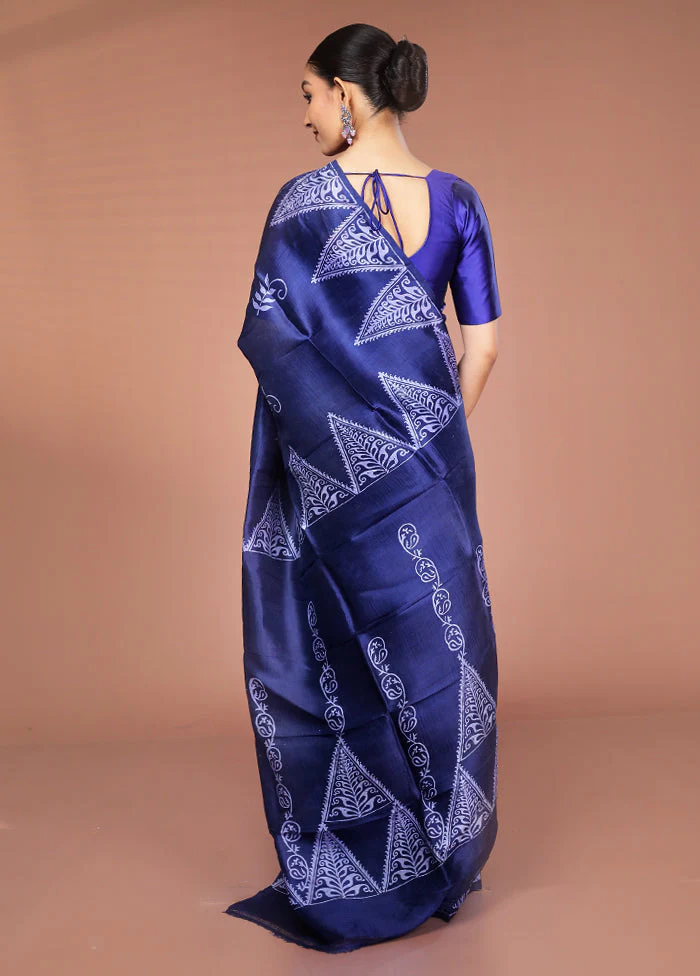 Blue Printed Pure Silk Saree Without Blouse Piece - Image 3