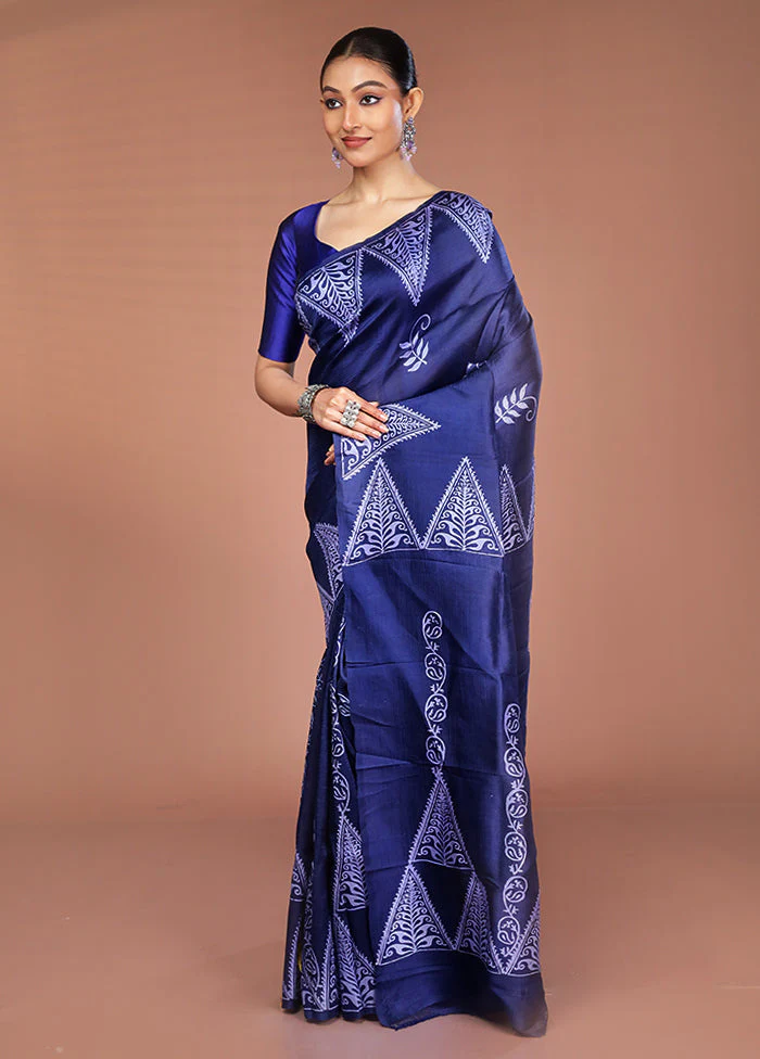 Blue Printed Pure Silk Saree Without Blouse Piece - Image 4